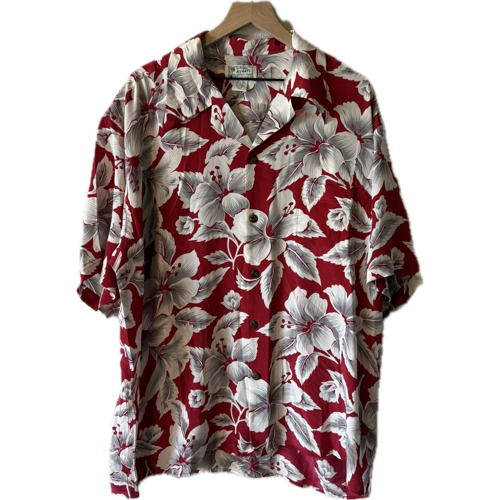 Avanti Men's Red Hawaiian Print Button Down Shirt SS Size XXL 100% Silk